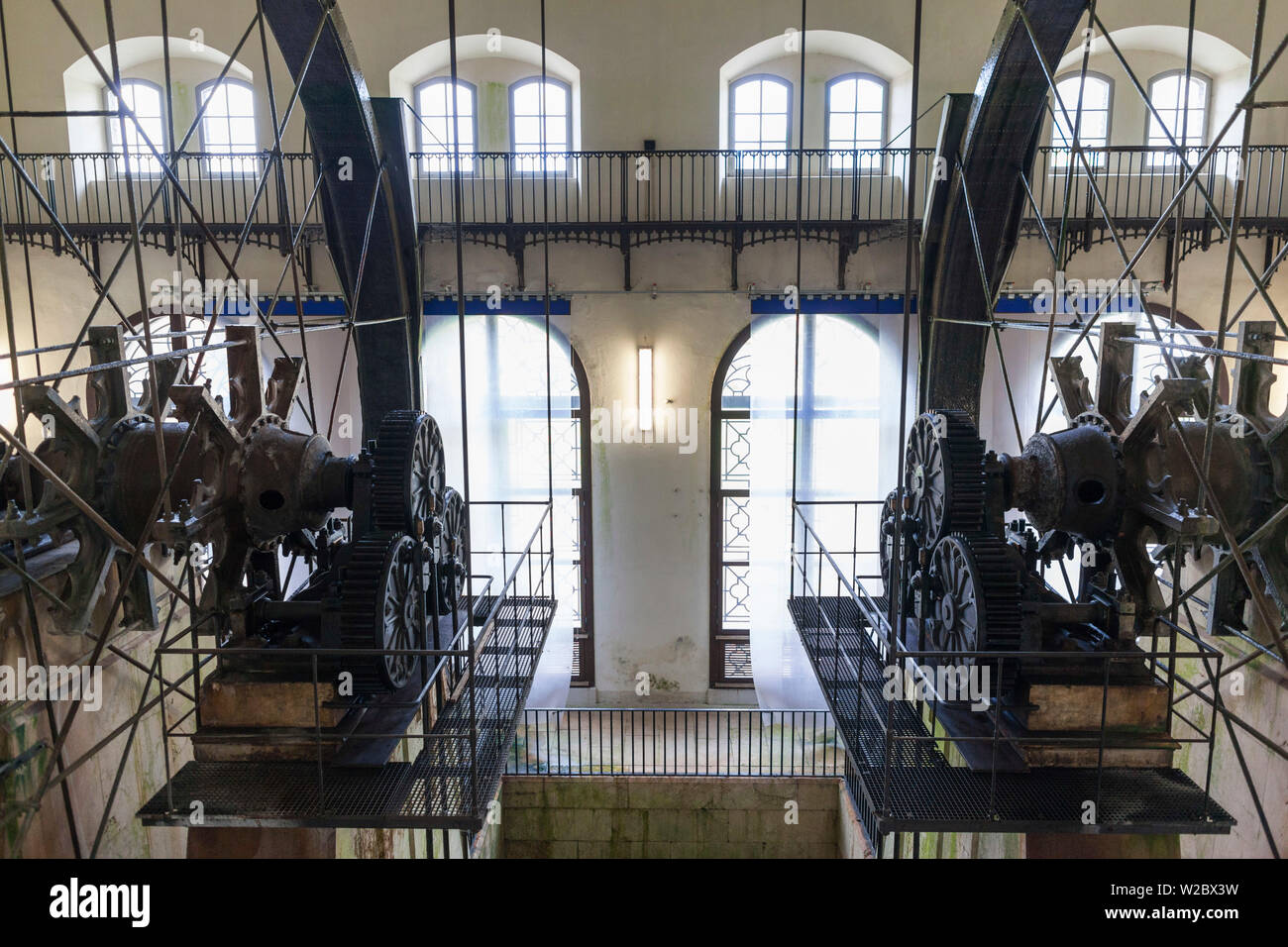 Germany, Bavaria, Bad Reichenhall, Alte Saline, old saltworks, interior, brine pumping wheels Stock Photo