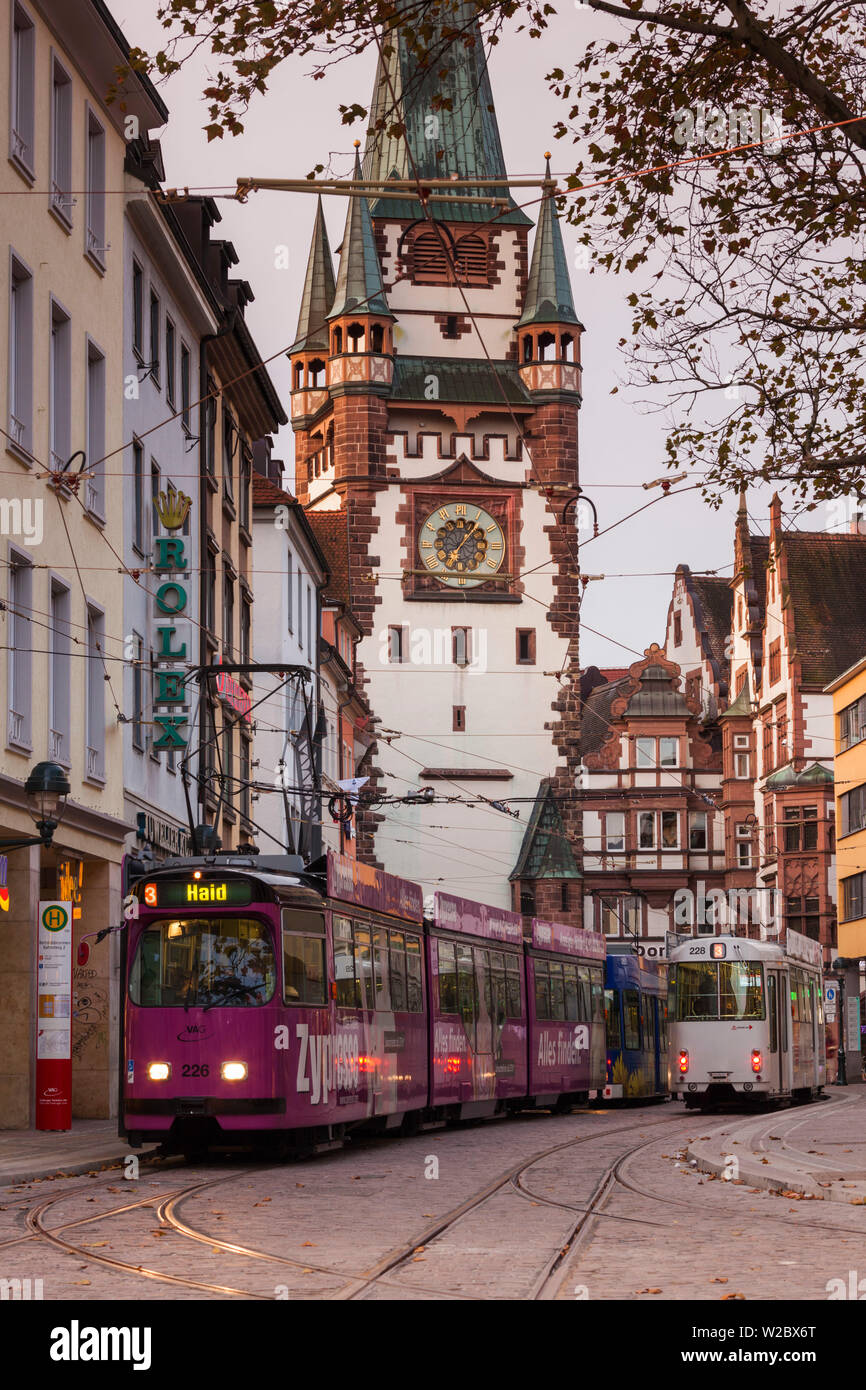 Germany, Baden-Wurttemburg, Black Forest, Freiburg-im-Breisgau, Altstadt, Old Town, Habsburger Strasse by the Martinstor gate Stock Photo