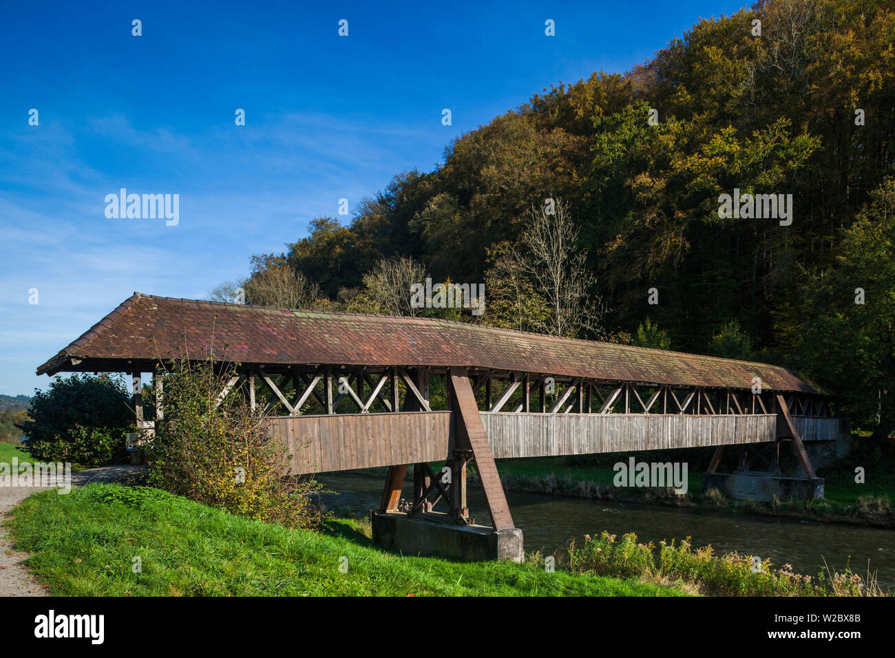 Germany, Baden-Wurttemburg, Black Forest, Waldshut-Tiengen, Tiengen, Wutach River, old wooden covered bridge Stock Photo