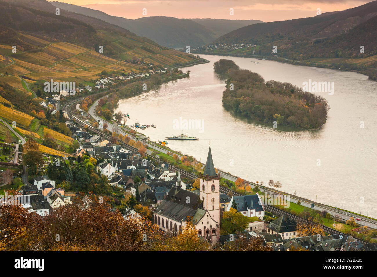 Germany, Hesse Lorch am Rhein, elevated town view, sunrise Stock Photo