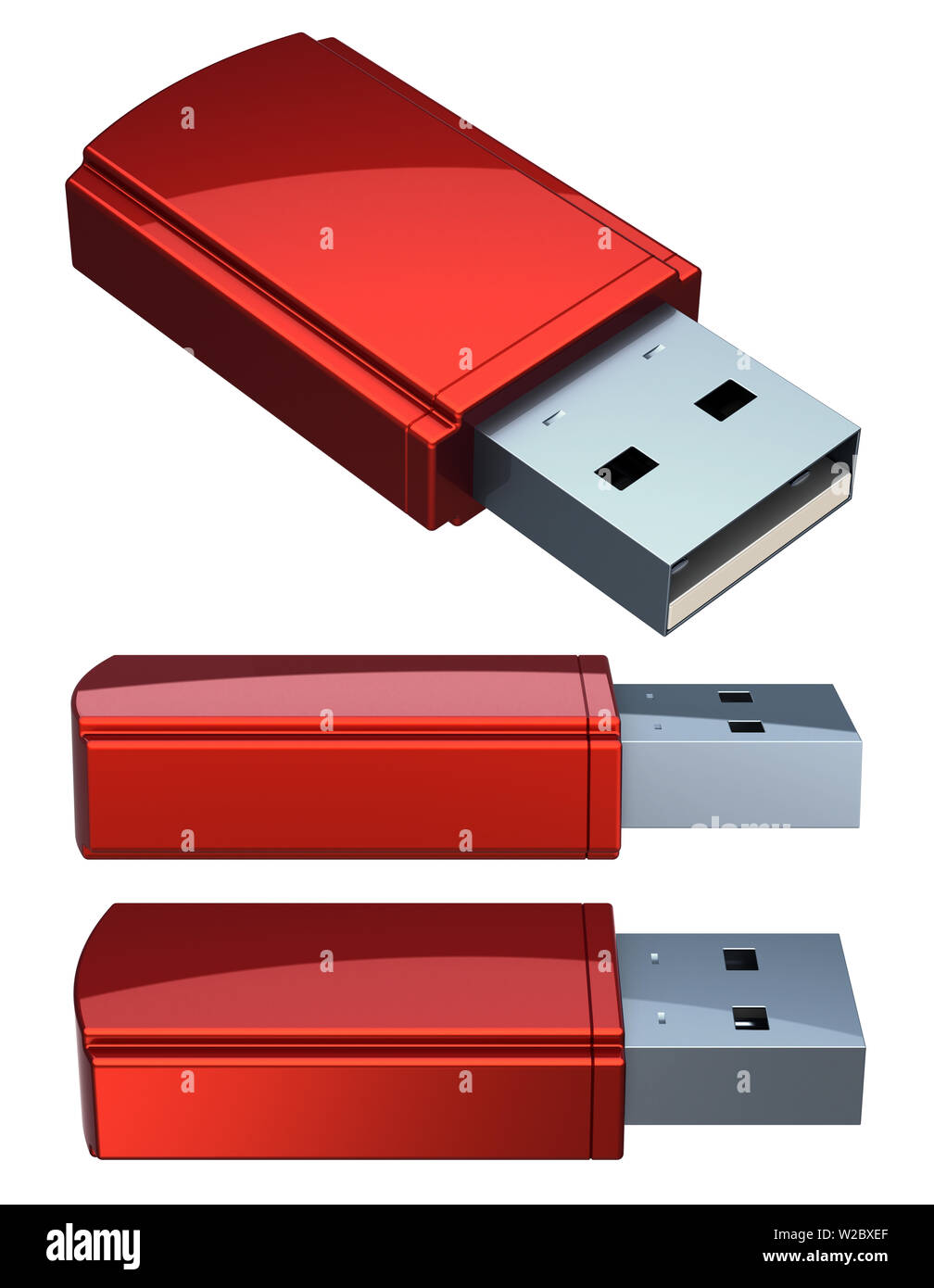 3d illustration of red USB flash drive memory stick set closeup