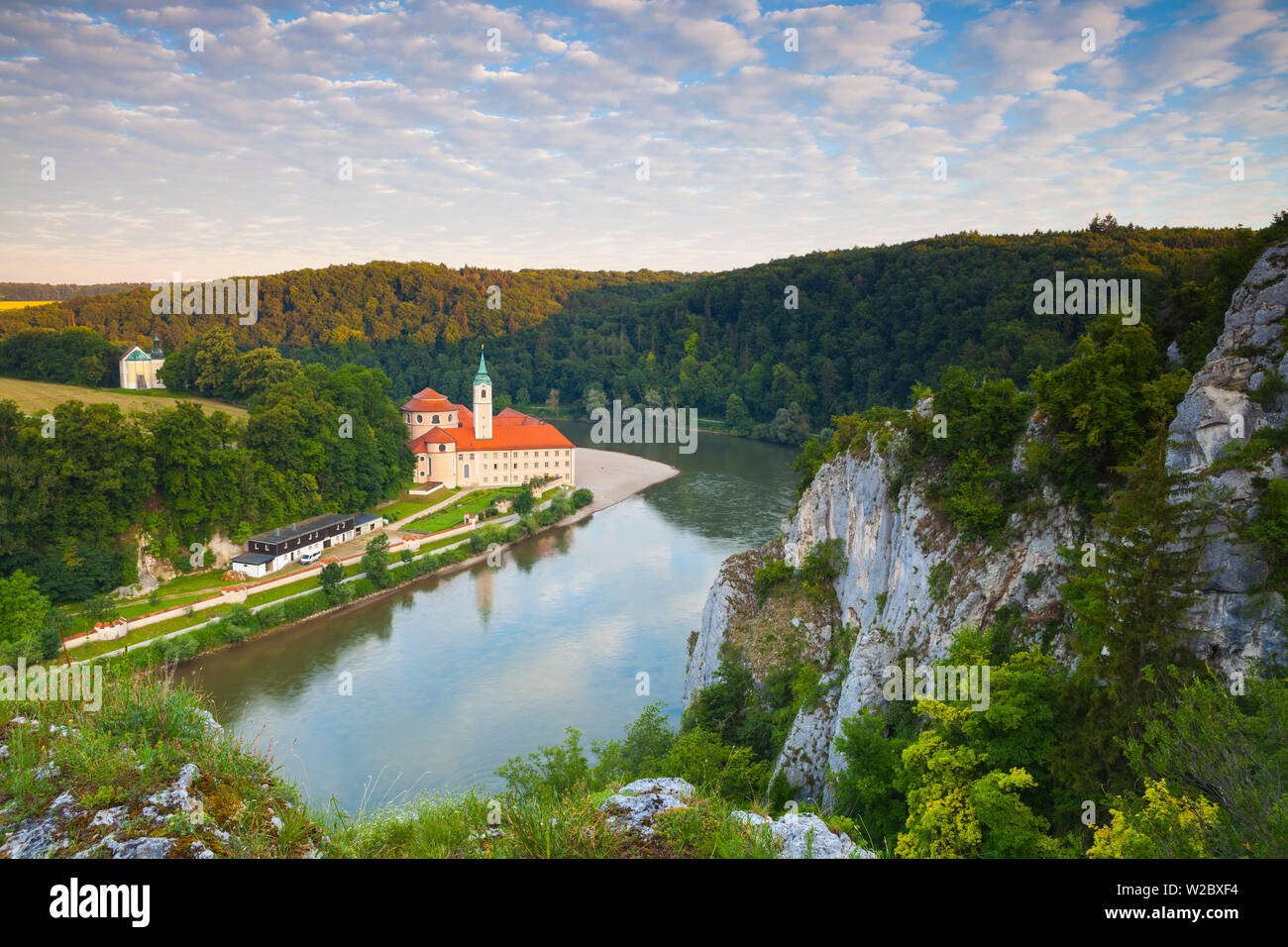 Elevated view over Weltenburg Abbey & The River Danube, Lower Bavaria, Bavaria, Germany Stock Photo