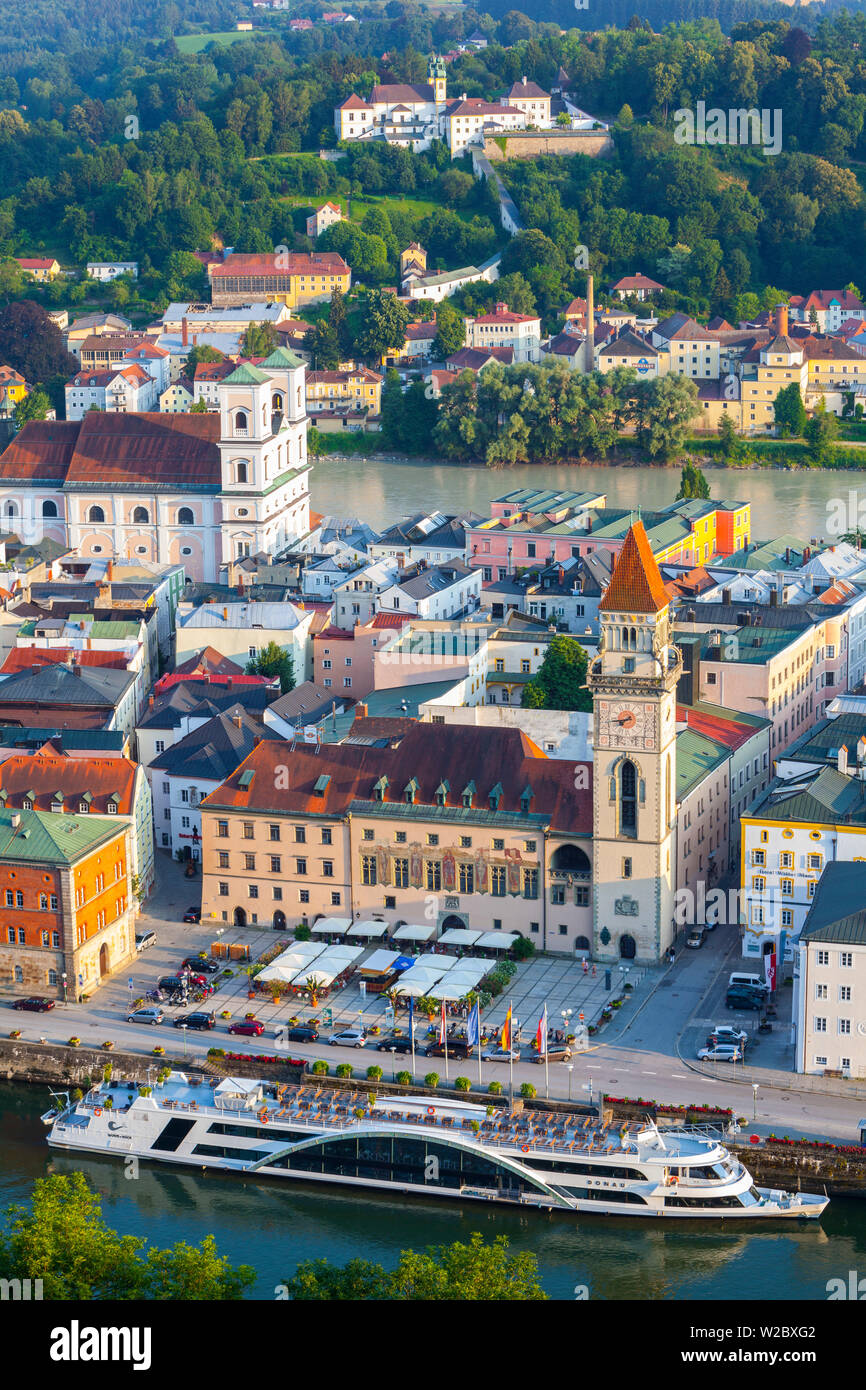 Elevated view over the Town Hall and The River Danube, Lower Bavaria, Bavaria, Germany Stock Photo