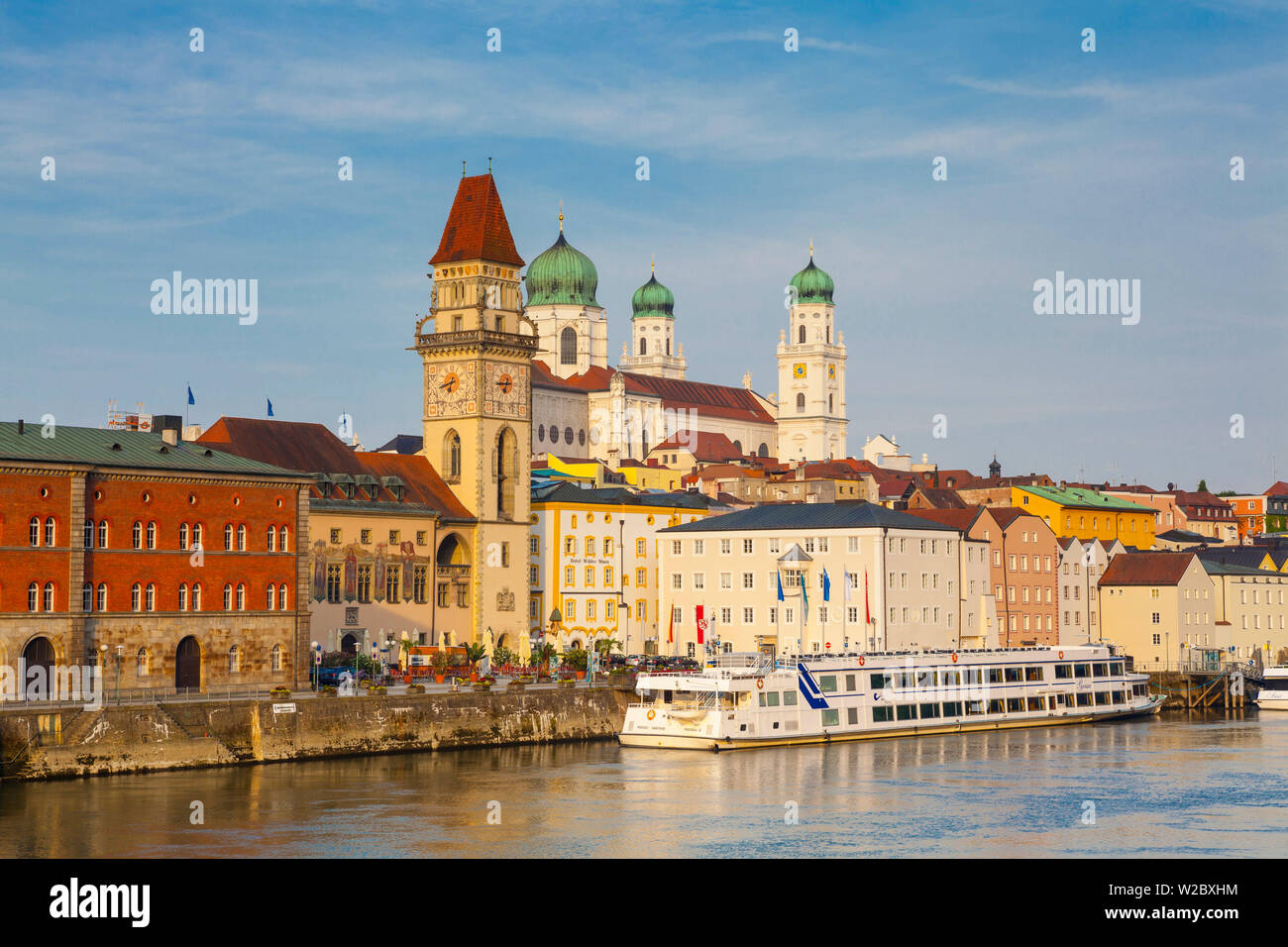 Town Hall (Rathaus) and The River Danube, Passau, Lower Bavaria, Bavaria, Germany Stock Photo