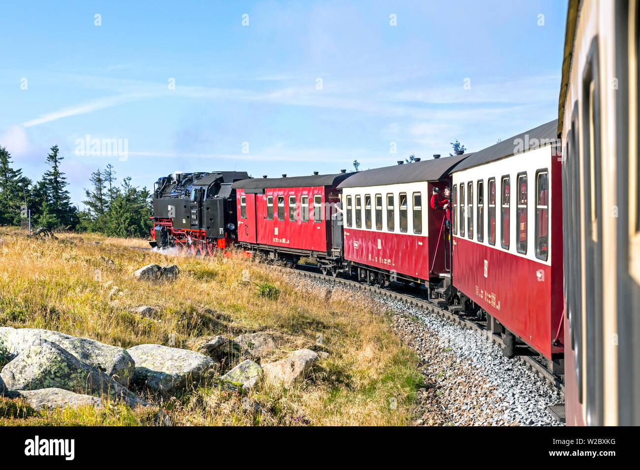 Steam train travelling from Wernigerode to the peak of the Brocken Mountain, Harz Mountains, Saxony-Anhalt, Germany Stock Photo