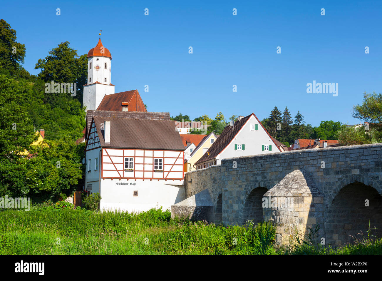 Harburg's picturesque old stone bridge, Harburg, Bavaria, Germany Stock Photo