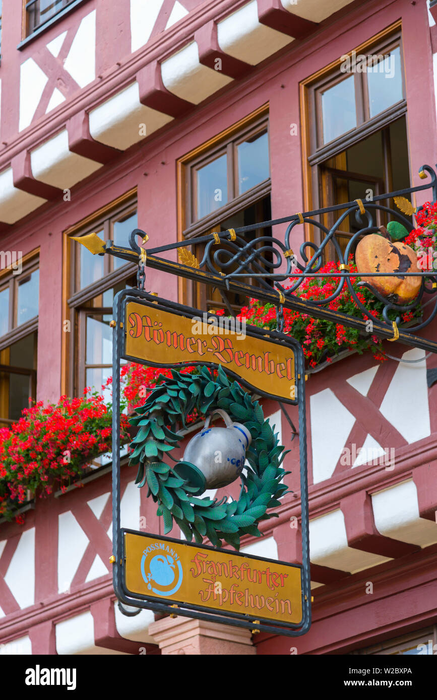 Germany, Hessen, Frankfurt Am Main, Altstadt (Old Town), Romerberg, Apfelwein sign Stock Photo