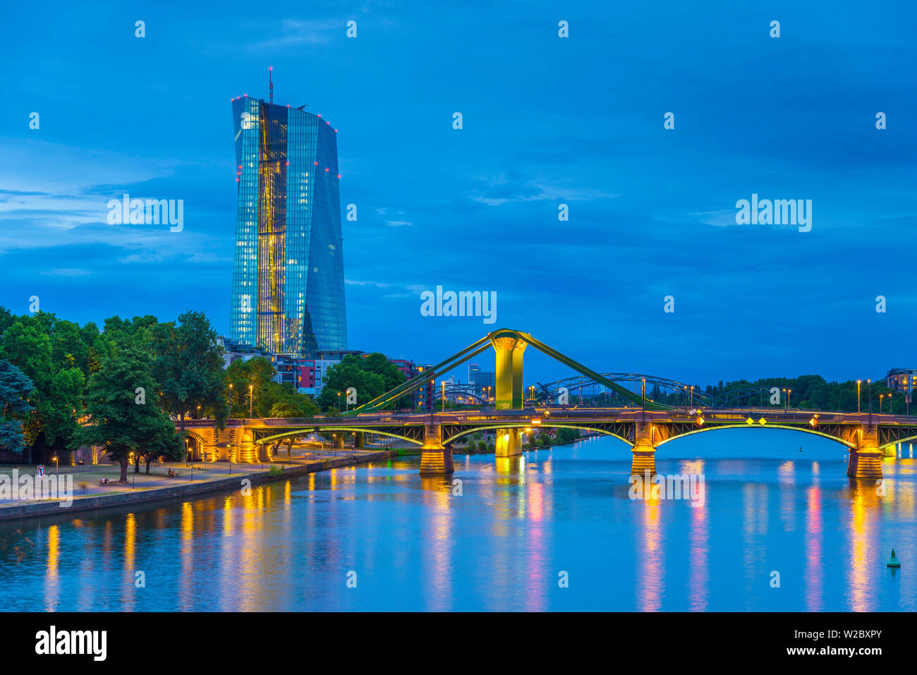Germany, Hessen, Frankfurt Am Main, Ostend, River Main, New European Central Bank Building Stock Photo
