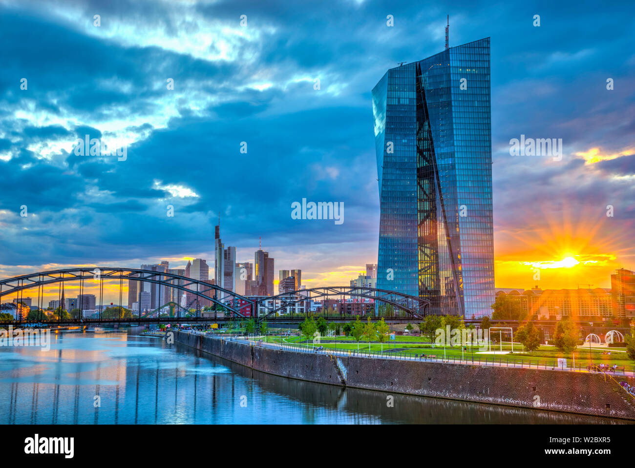 Germany, Hessen, Frankfurt Am Main, Ostend, River Main, New European Central Bank Building and central Frankfurt Skyline Stock Photo