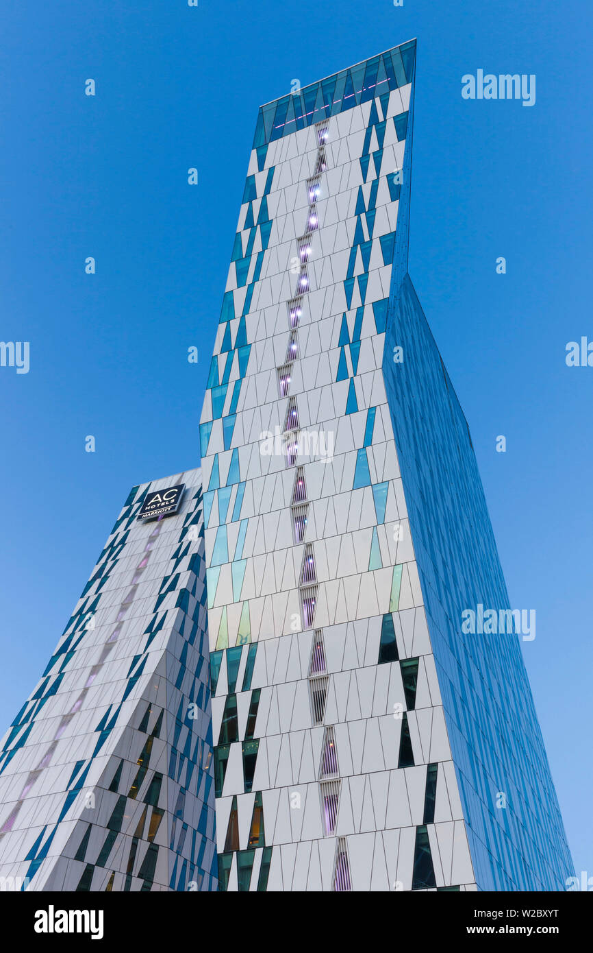 Denmark, Zealand, Copenhagen, Bella Sky Hotel Towers, dusk Stock Photo