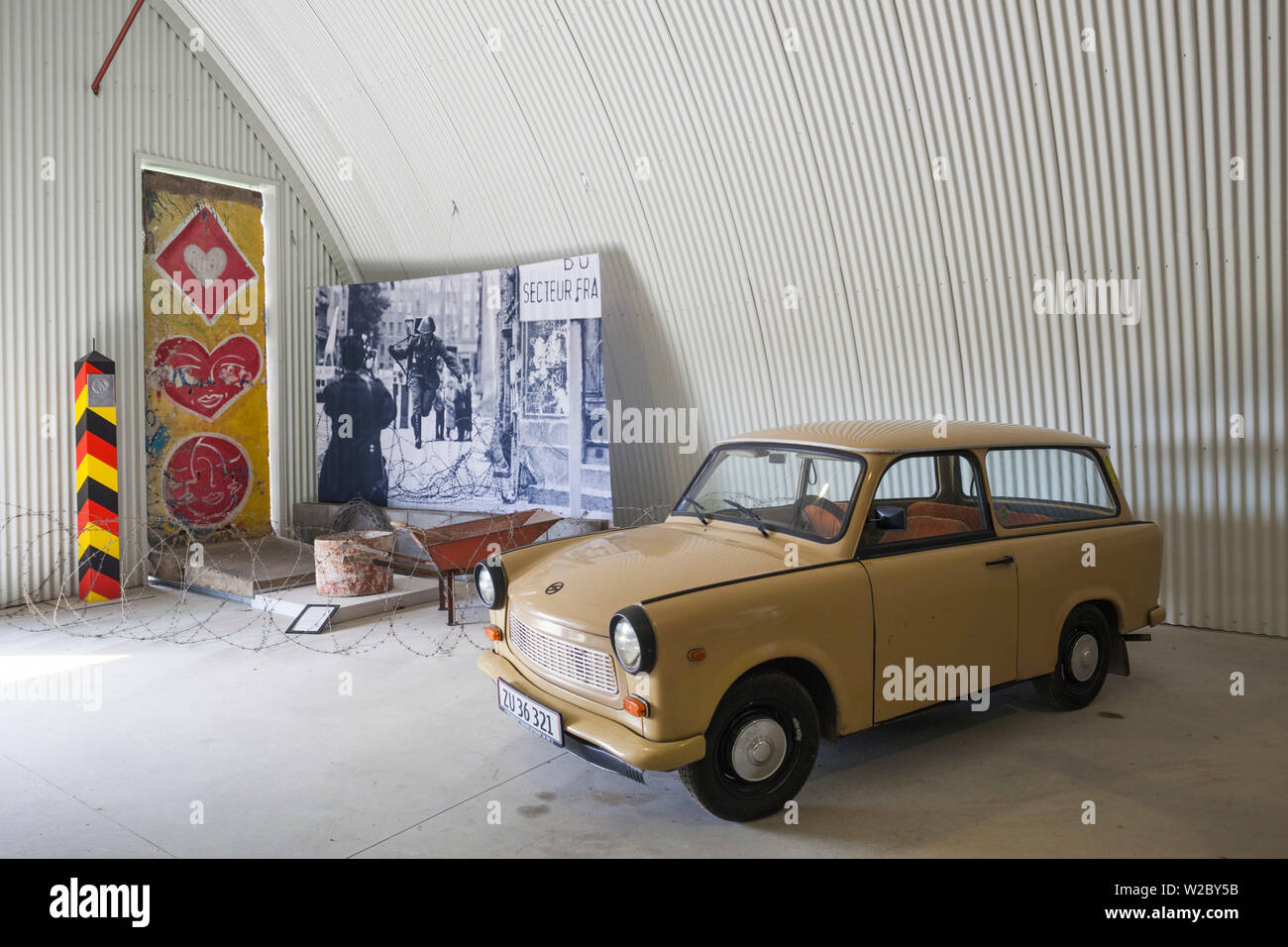 Denmark, Langeland, Bagenkop, Langelandsfort Cold War Museum, Cold war artifacts at former NATO base, fragments of the Berlin Wall and DDR-built Trabant car Stock Photo