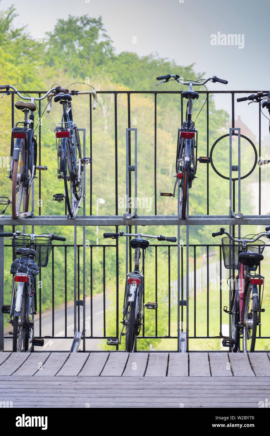 Denmark, Jutland, Aarhus, double decker bicycle parking Stock Photo