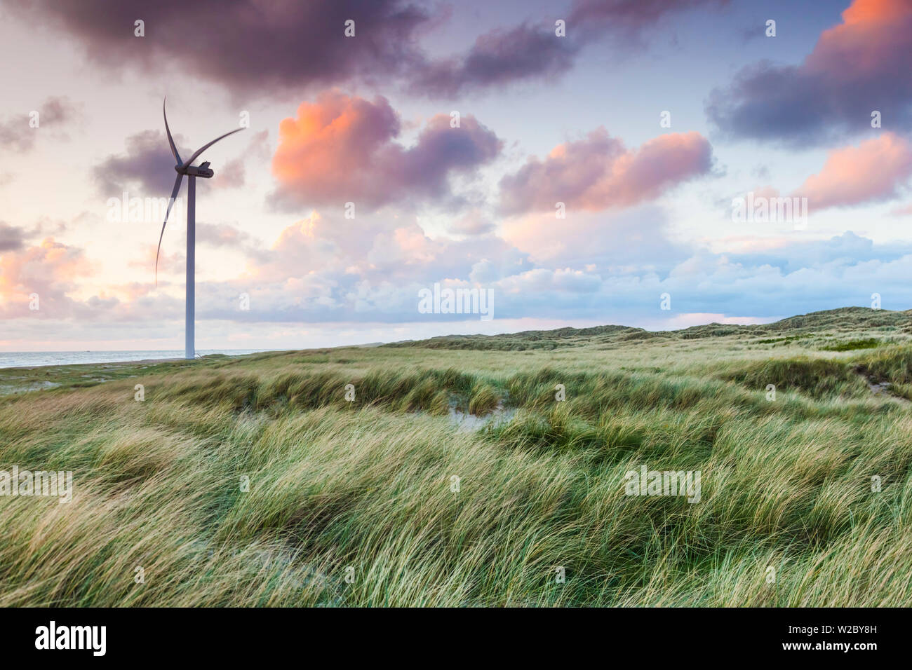Denmark, Jutland, Danish Riviera, Hvide Sande, windmill, dusk Stock Photo