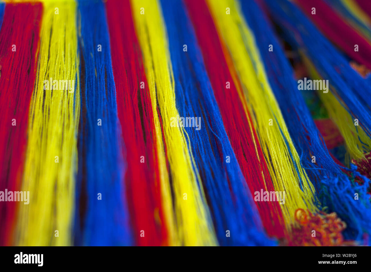 Ataco, El Salvador, Colorful Threads, Wool For Weaving Textiles On Traditional Treadle Loom, Department Of Ahuachapan - Route Of Flowers, Ruta De Las Flores Stock Photo