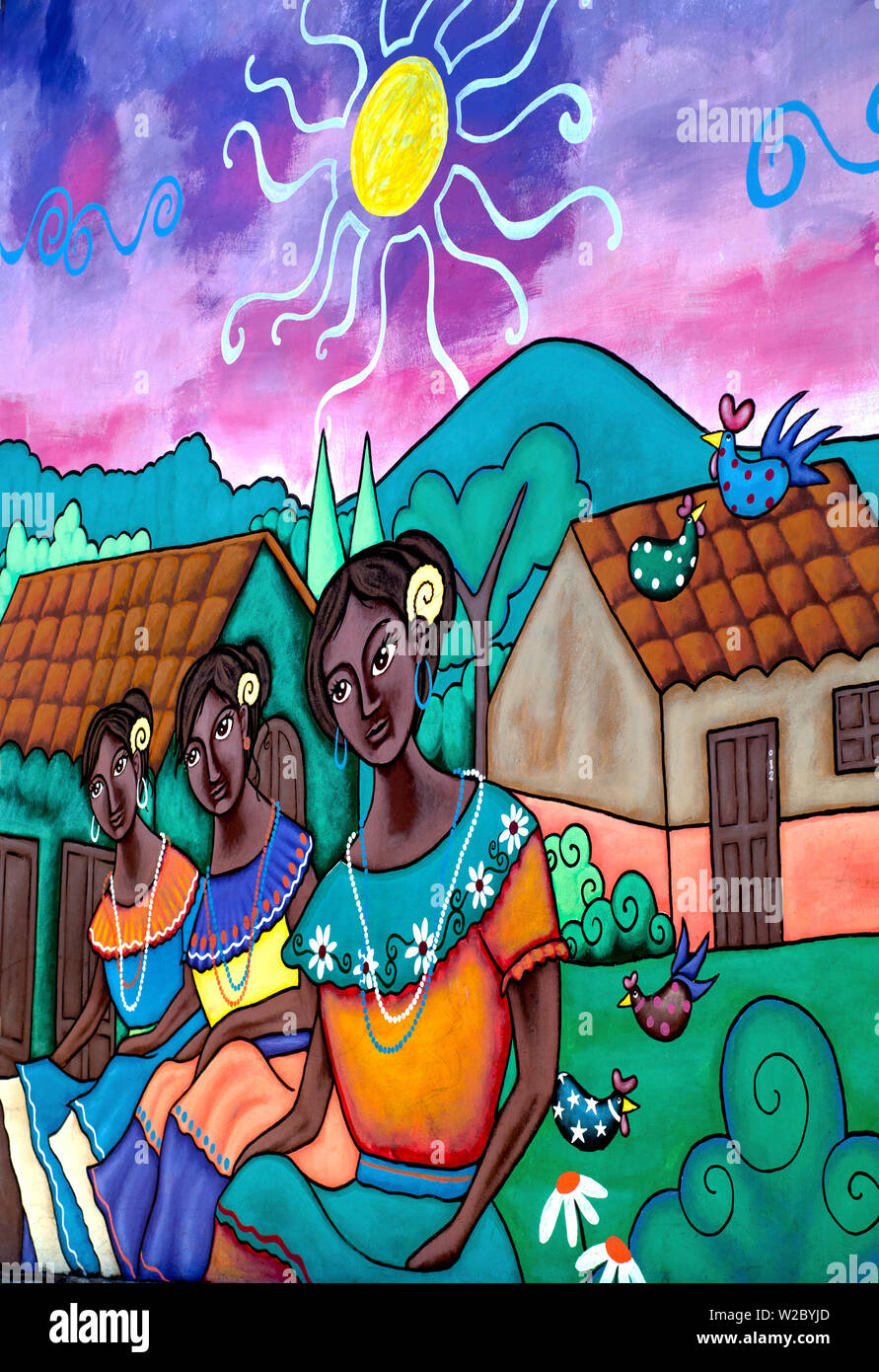 Ataco, El Salvador, Wall Mural, Traditional Village Scene, Famous For Its Wall Murals, Route Of Flowers, Rutas De Las Flores, Department Of Ahuachapan Stock Photo