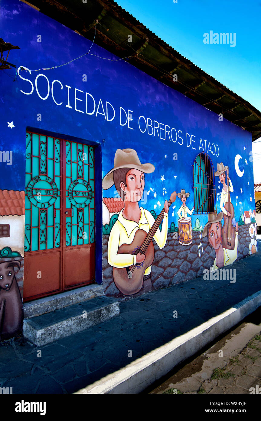 Ataco, El Salvador, Wall Mural, 'Society Of Labor Of Ataco' Facade, Famous For Its Wall Murals, Route Of Flowers, Rutas De Las Flores, Department Of Ahuachapan Stock Photo