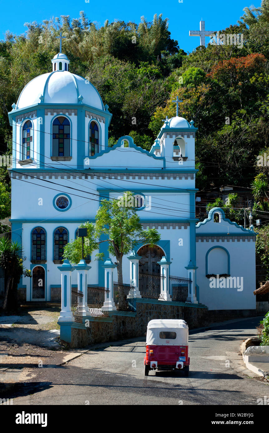 Ataco, El Salvador, Iglesia El Calvario, Three-Wheeled Taxi, Department Of Ahuachapan, Route Of Flowers, Rutas De Las Flores Stock Photo