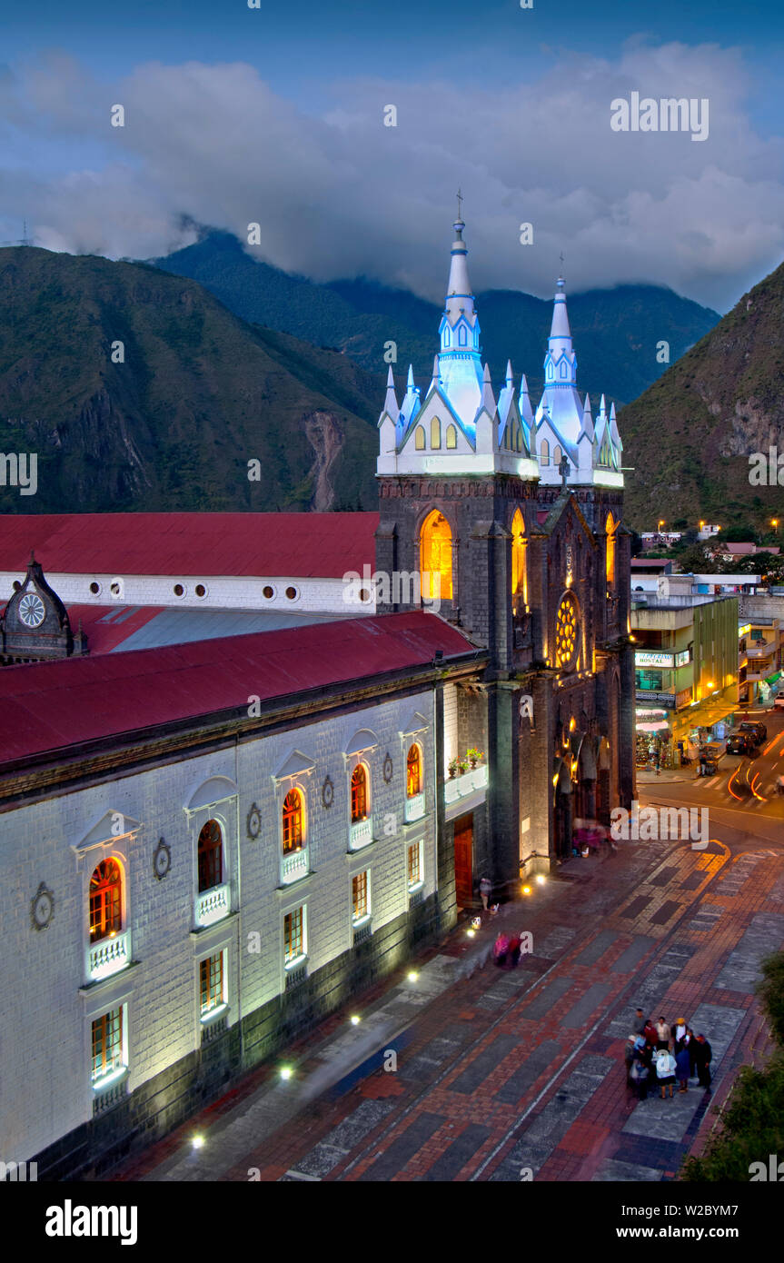Church of The Virgin of The Holy Water, Nuestra Senora del Agua Santa, Neo-Gothic Style Church, Built With Volcanic Rocks, Banos, Ecuador, Tungurahua Province Stock Photo