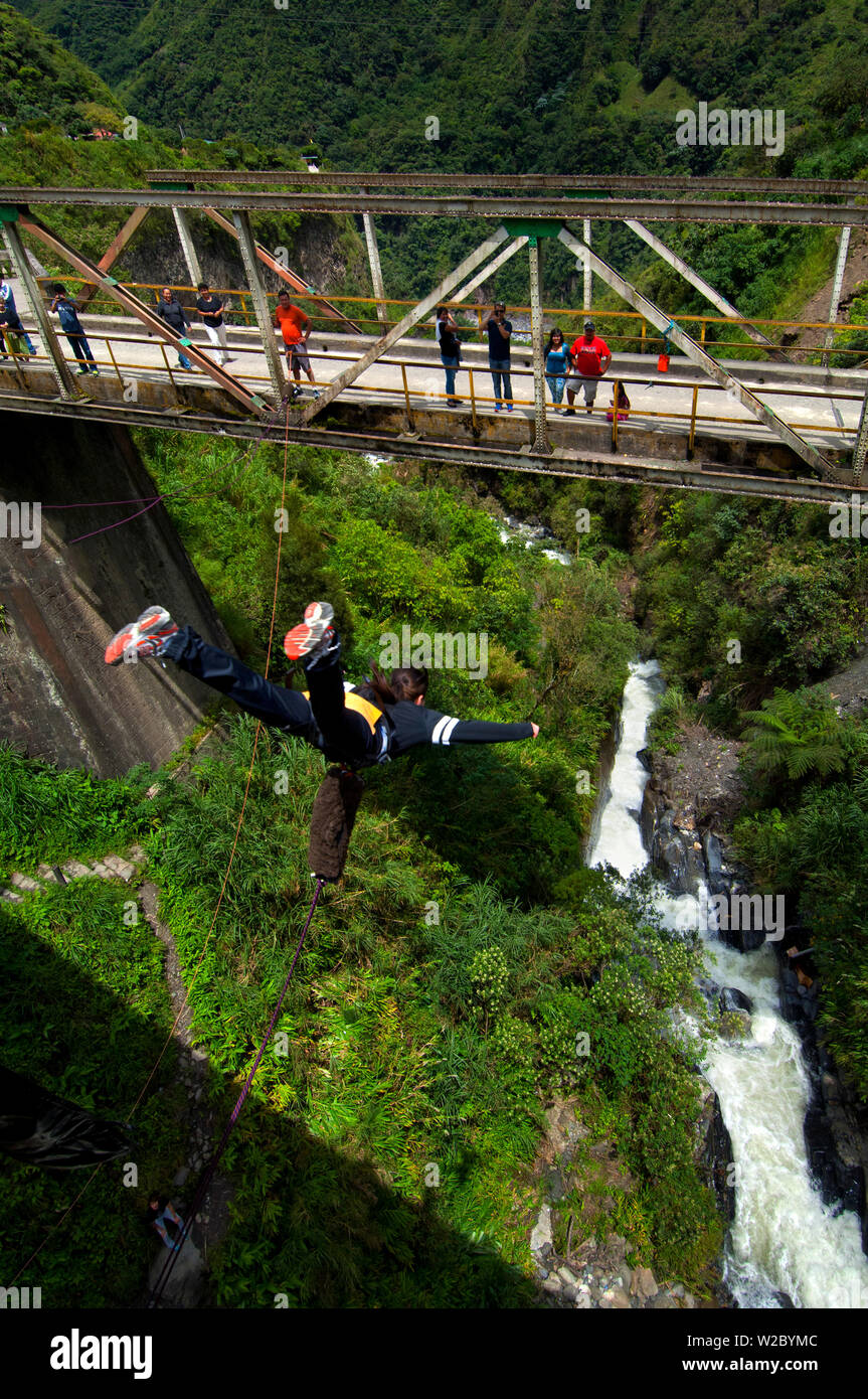 Bridge Jumping, Also Known As Puenting, Over The Rio Pastaza Valley, River Gorge, Route of The Waterfalls, Ruta de las Cascadas, Banos, Gateway To The Amazon, Tungurahua Province, Ecuador Stock Photo