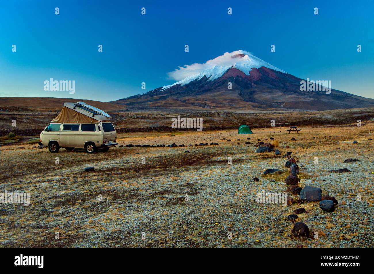 Cotopaxi National Park, Snow-Capped Cotopaxi Volcano, One of The Highest Active Volcanoes, Volkswagon Bus, Campground, Altitude of 12,000 Feet, Cotopaxi Province, Ecuador Stock Photo