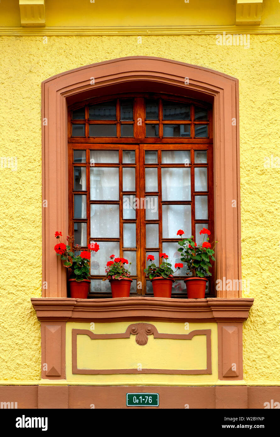 Restored Colonial Architecture, Apartment Window, Calle Venezuela, Quito, Ecuador Stock Photo