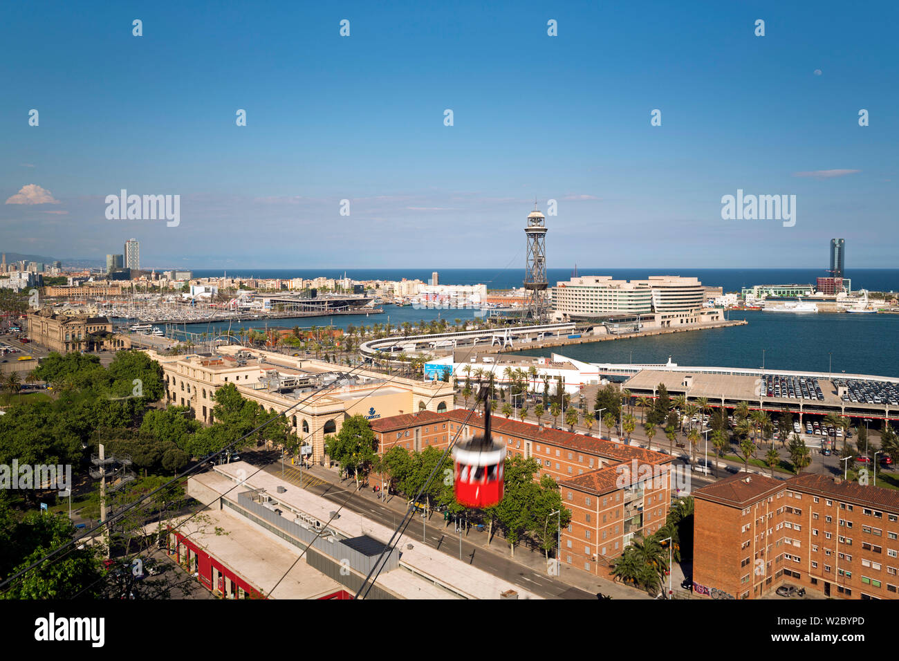 Elevated view over Port Vell - the old harbour district in Barcelona, Spain Stock Photo