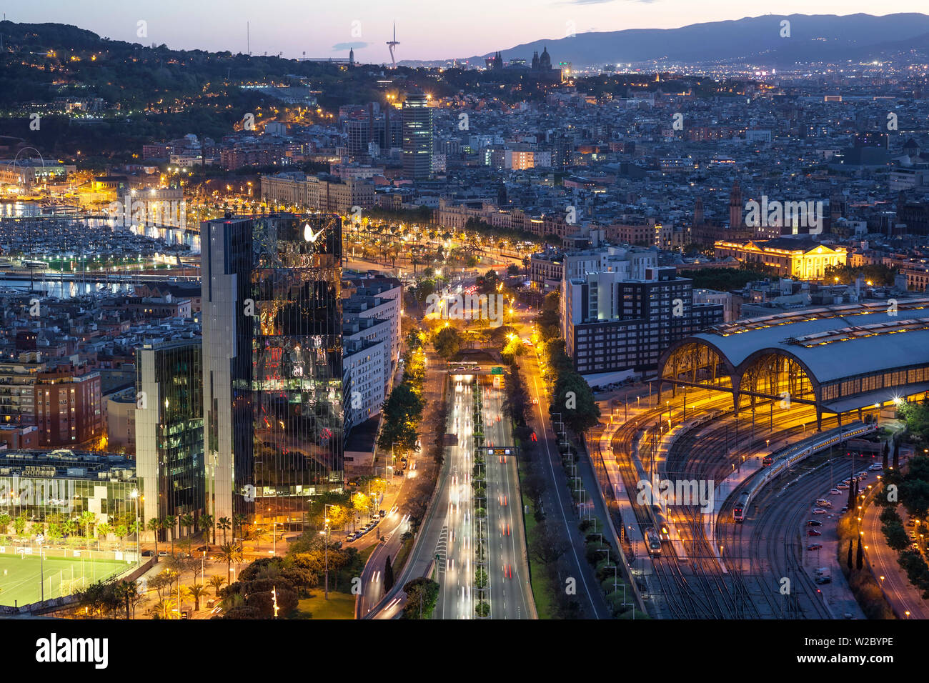 Elevated dusk view over Barcelona city centre, Catalunya, Spain Stock Photo
