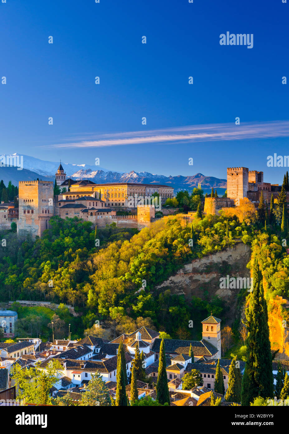 Spain, Andalucia, Granada Province, Granada, Alhambra Palace and Sierra Nevada mountains Stock Photo