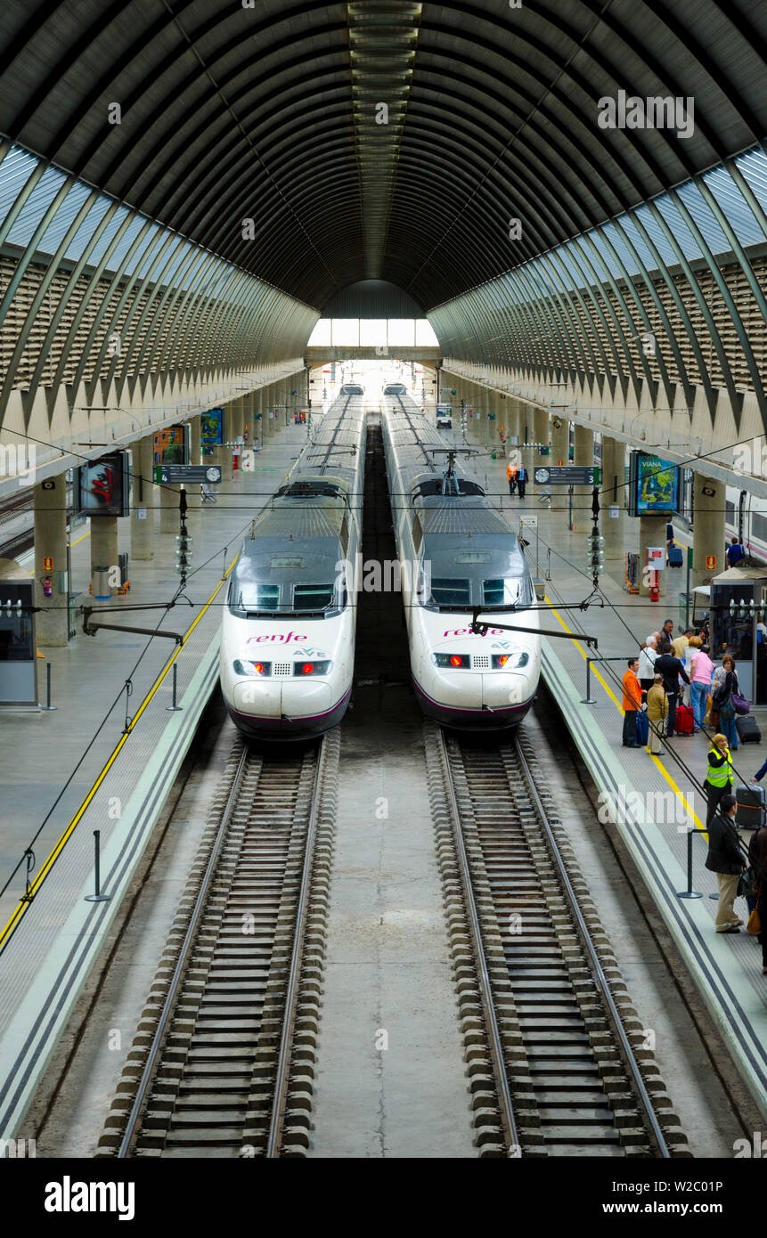Spain, Andalucia, Seville Province, Seville, Santa Justa Train Station, Alta Velocidad Espanola (AVE) Trains Stock Photo