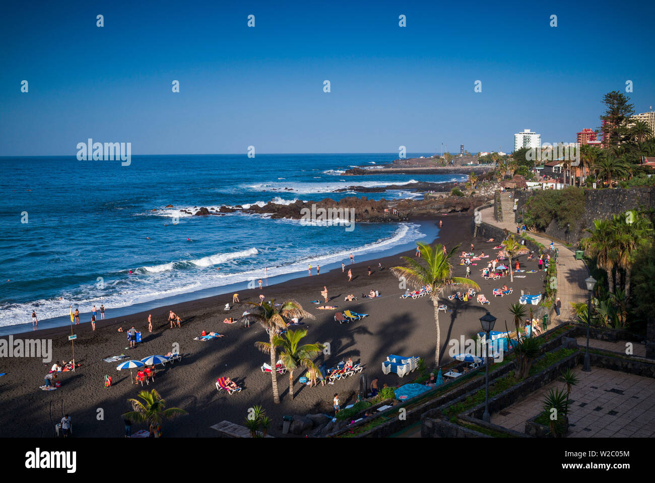 Spain, Canary Islands, Tenerife, Puerto de la Cruz, Playa Jardin, black sand beach, elevated view Stock Photo
