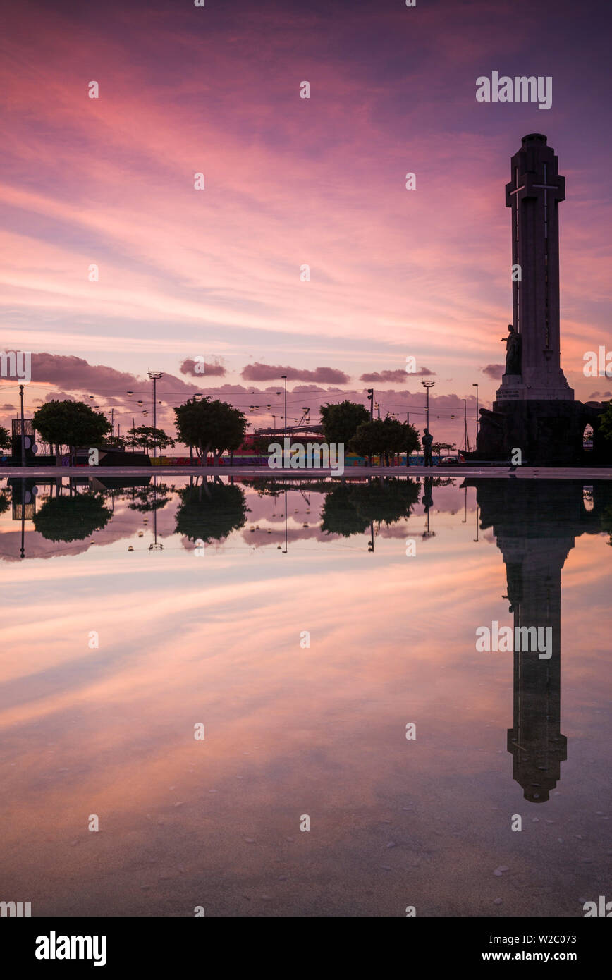 Spain, Canary Islands, Tenerife, Santa Cruz de Tenerife, Plaza de Espana, city reflection, dawn Stock Photo
