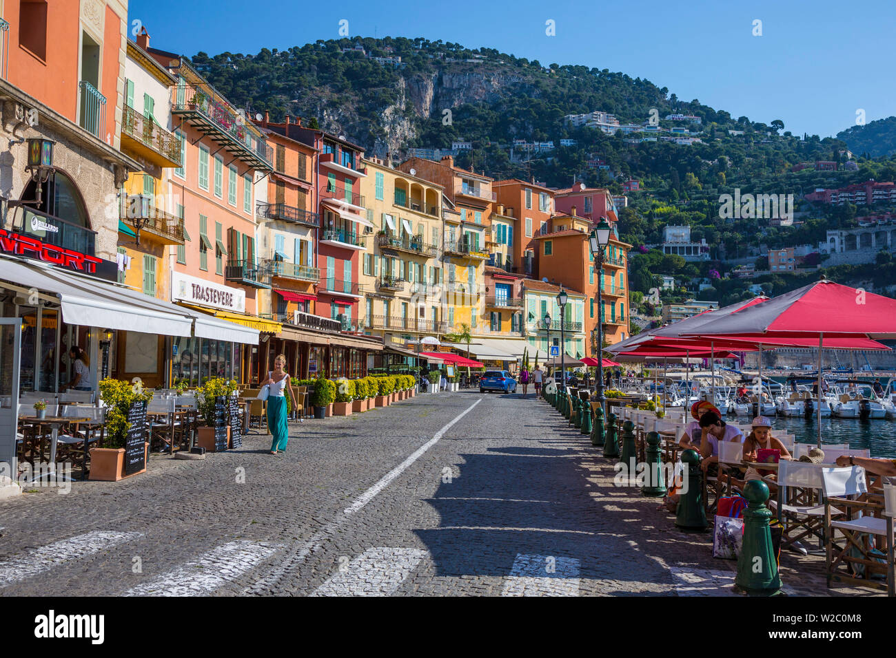 Harbourfront restaurants, Villefranche sur Mer, Alpes-Maritimes, Provence-Alpes-Cote D'Azur, French Riviera, France Stock Photo
