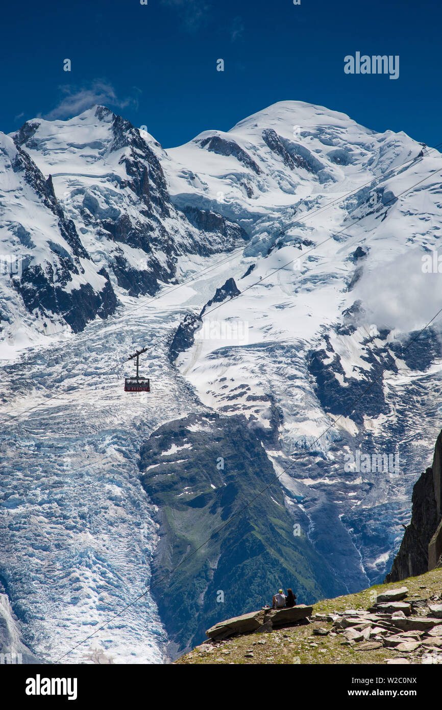 Cable car in front of Mt. Blanc from Mt. Brevent, Chamonix, Haute Savoie, Rhone Alpes, France Stock Photo