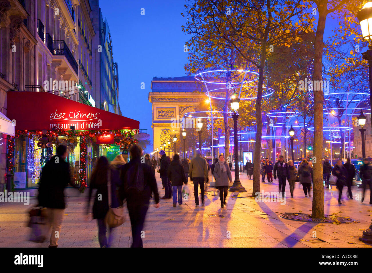 Xmas Decorations On Avenue des Champs-Elysees With Arc De Triomphe In Background,  Paris, France, Western Europe. Stock Photo