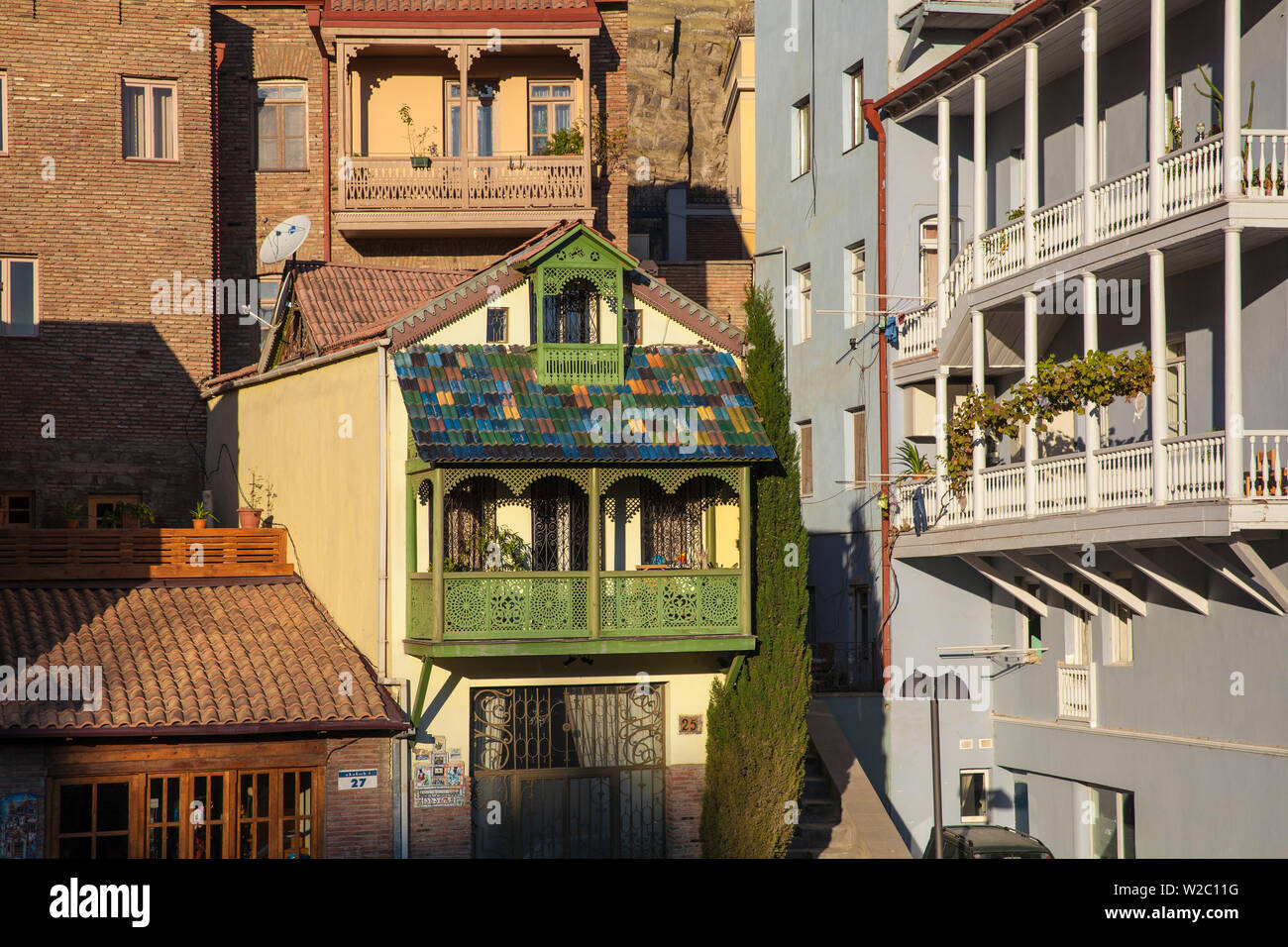 Georgia, Tbilisi, Houses in the old town with wooden balcony Stock Photo