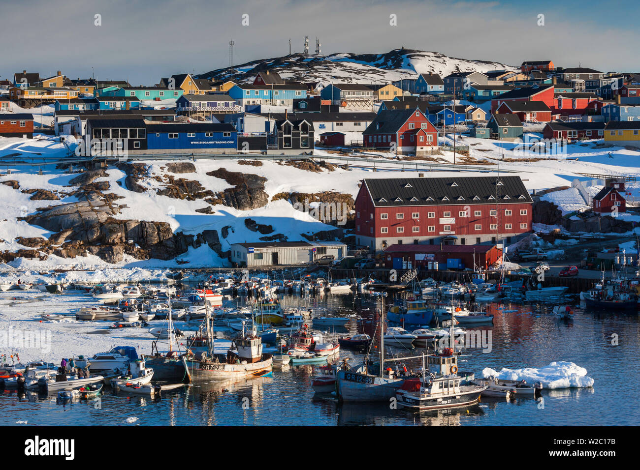 Greenland, Disko Bay, Ilulissat, town harbor, elevated view Stock Photo