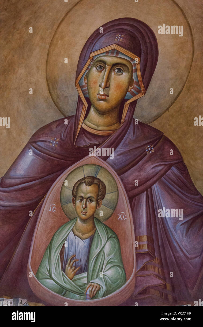 Greece, Peloponese Region, Patra, Agios Andreas church, religious painting of Virgin Mary and Jesus Christ Stock Photo