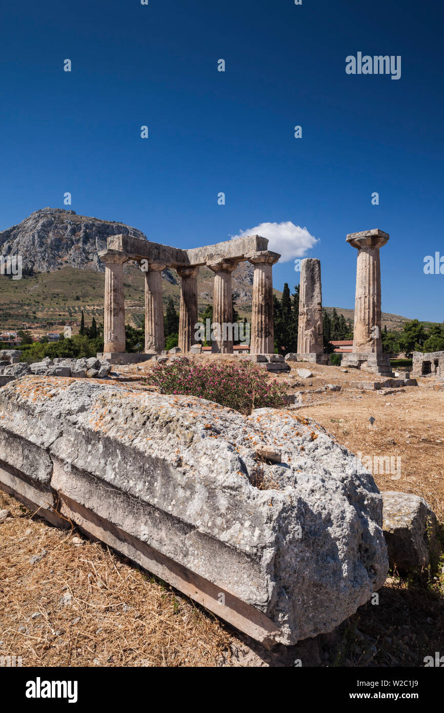 Greece, Peloponese Region, Corinth, Ancient Corinth, Temple of Apollo Stock Photo