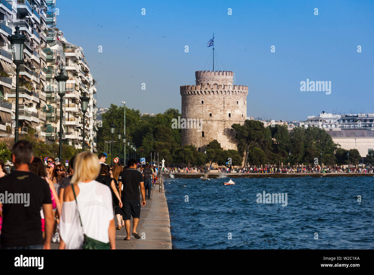 Greece, Central Macedonia Region, Thessaloniki, waterfront view with The White Tower Stock Photo