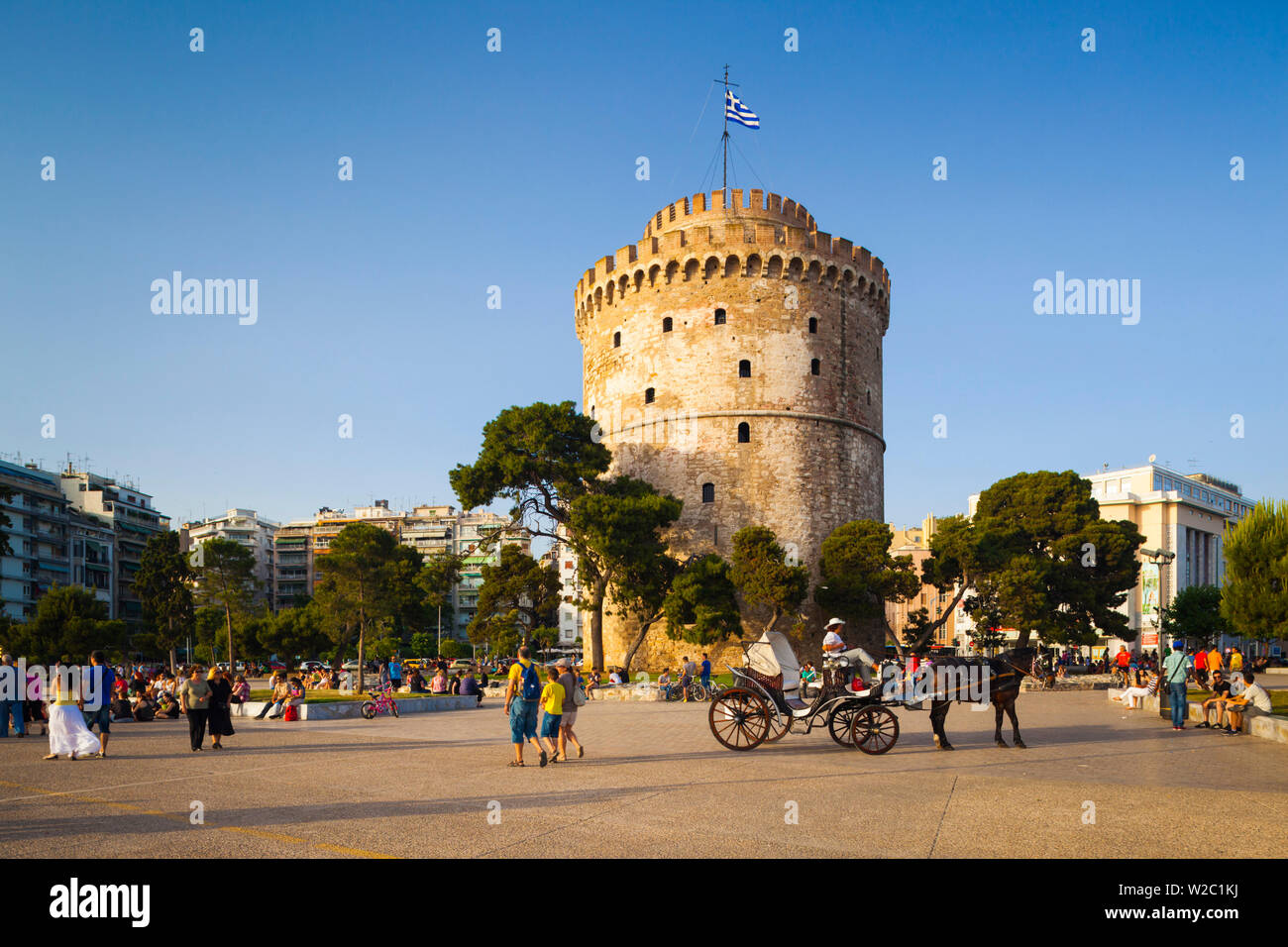 Greece, Central Macedonia Region, Thessaloniki, waterfront view with The White Tower Stock Photo