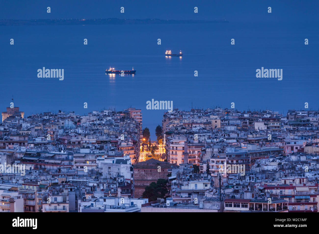 Greece, Central Macedonia Region, Thessaloniki, Upper Town, elevated city view, dawn Stock Photo