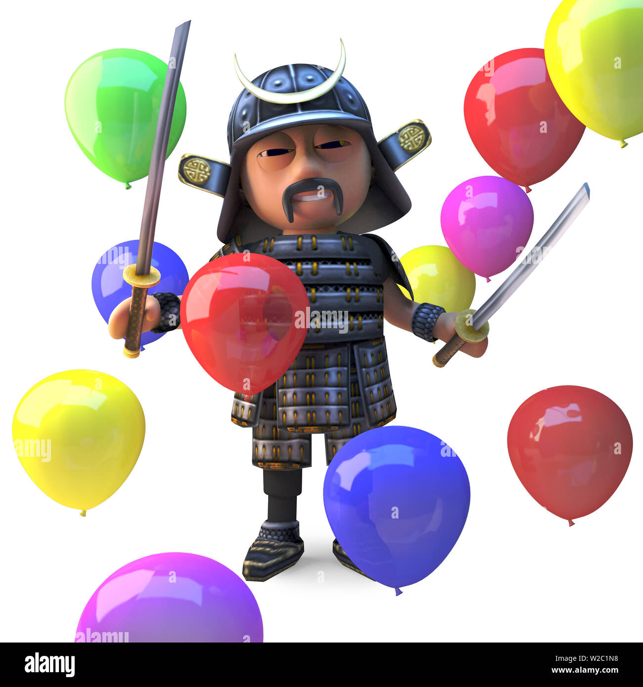 Noble Japanese samurai warrior stands amid many coloured balloons, 3d ...