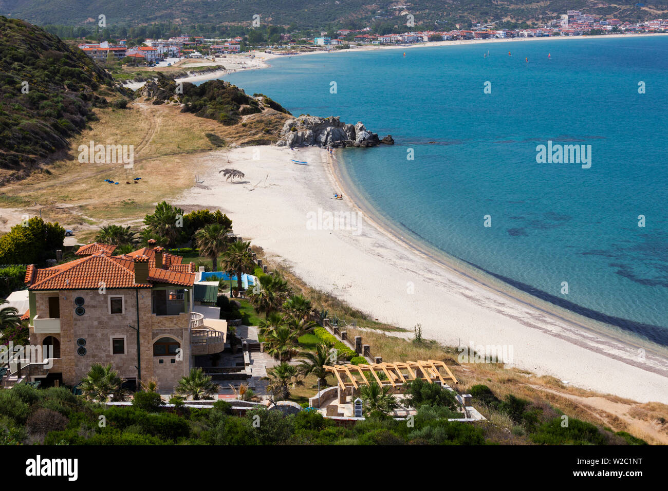Greece, Central Macedonia Region, Halkidiki Area, Sithonia Peninsula, Sarti, elevated beach view Stock Photo