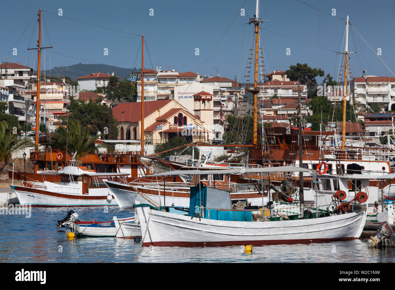 Greece, Central Macedonia Region, Halkidiki Area, Sithonia Peninsula, Neos Marmaras, harbor view Stock Photo
