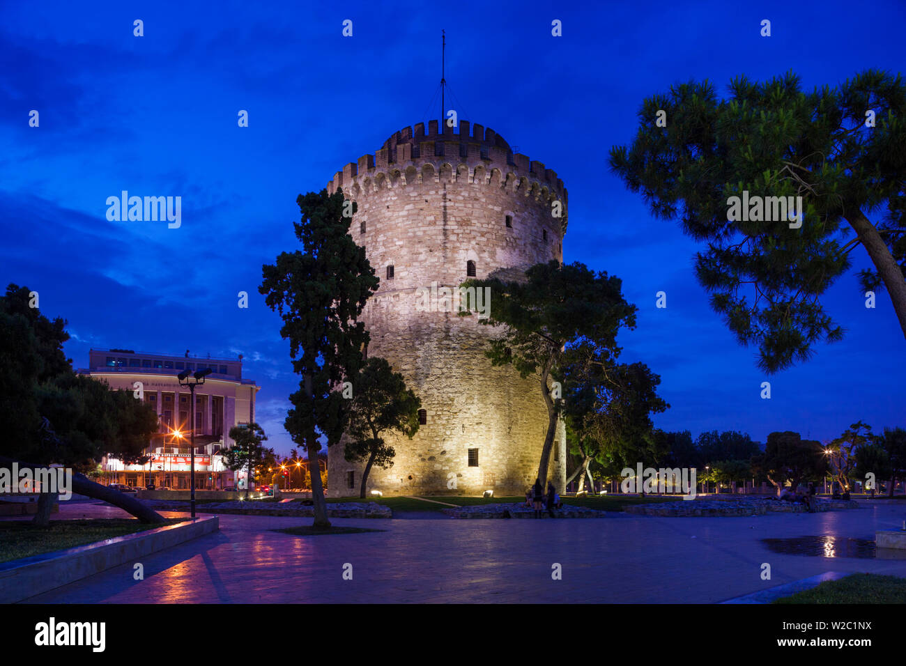 Greece, Central Macedonia Region, Thessaloniki, waterfront view with The White Tower, dawn Stock Photo