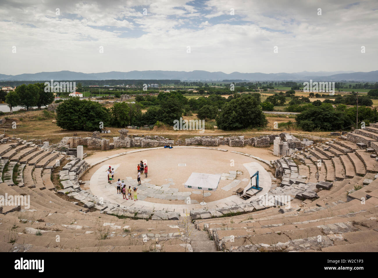 Greece, East Macedonia and Thrace Region, Philippi, ruins of ancient city founded in 360 BC, elevated view of the theater Stock Photo