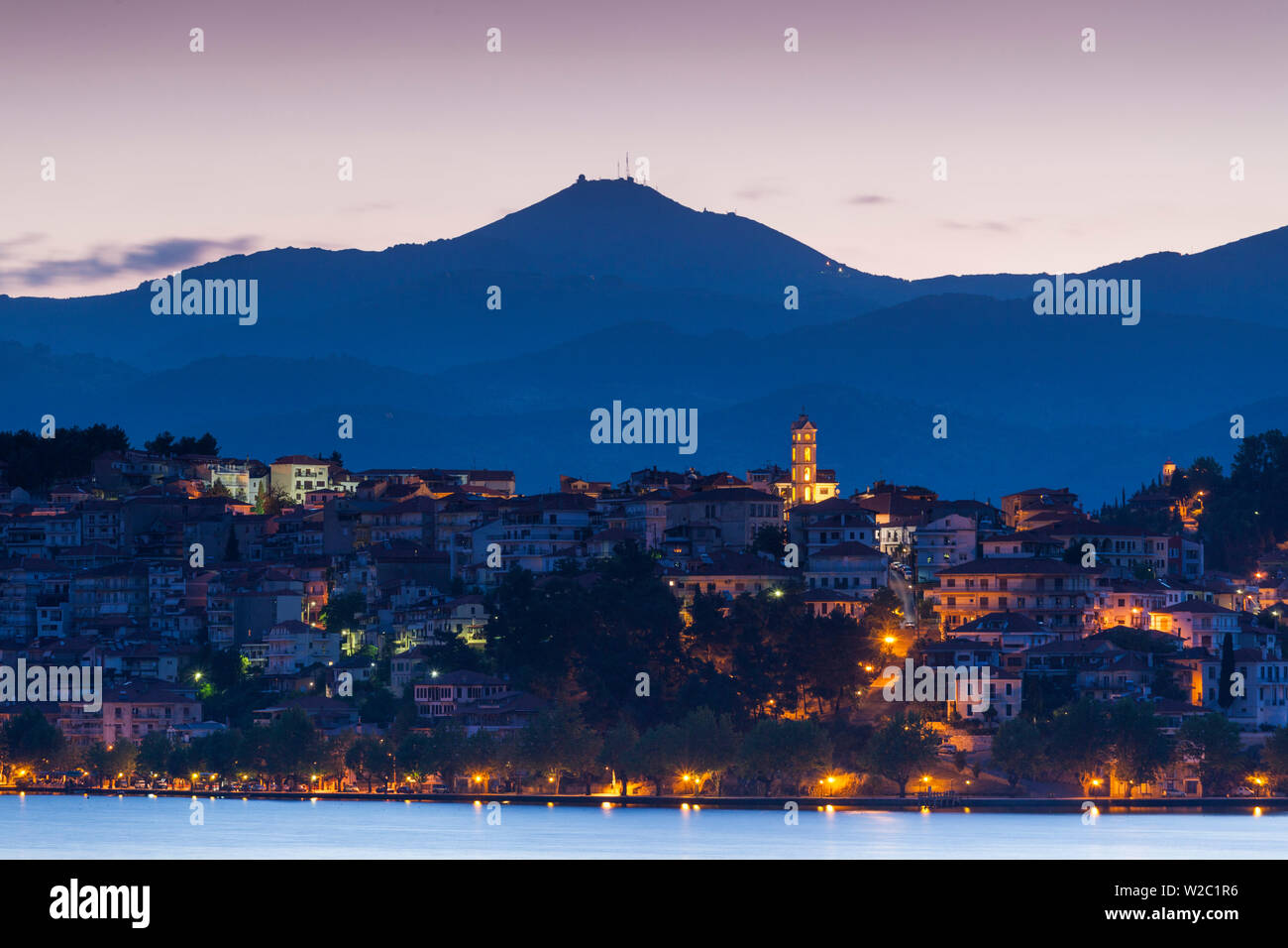 Greece, West Macedonia Region, Kastoria, town view by Lake Orestiada, dawn Stock Photo