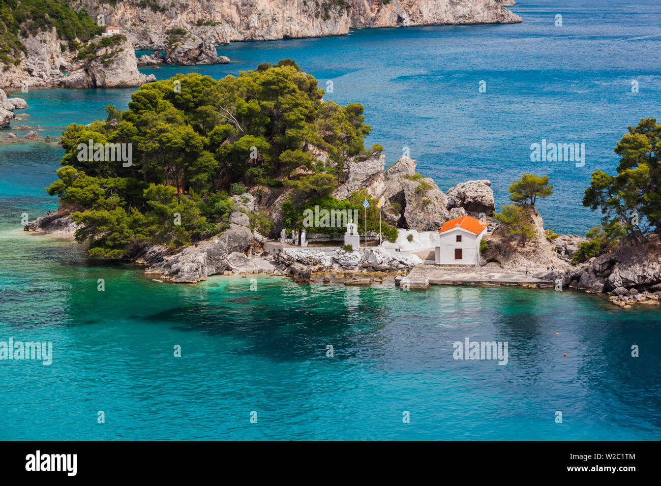 Greece, Epirus Region, Parga, elevated view of Panagias Island Stock Photo
