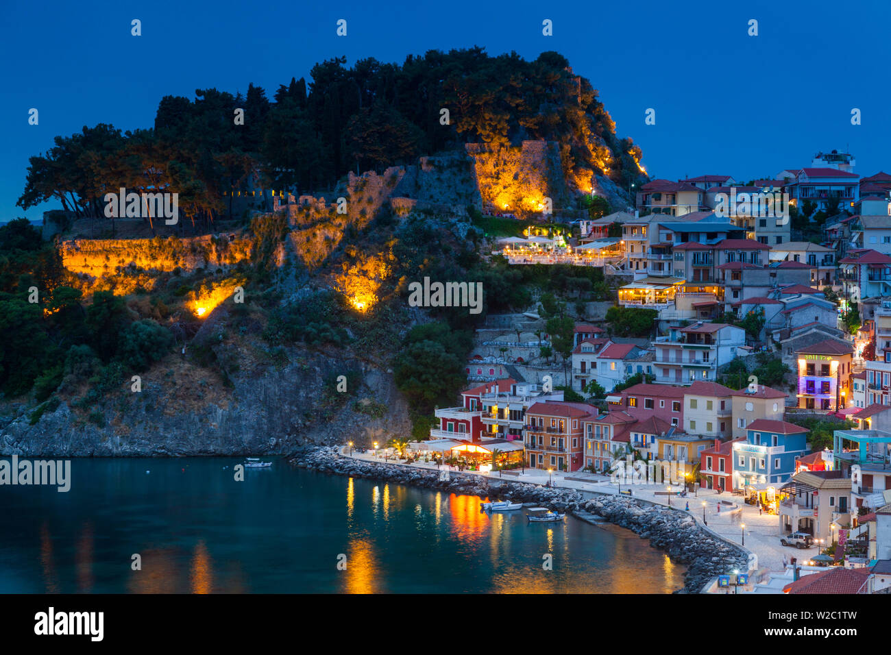 Greece, Epirus Region, Parga, elevated view of town and Venetian Castle Stock Photo