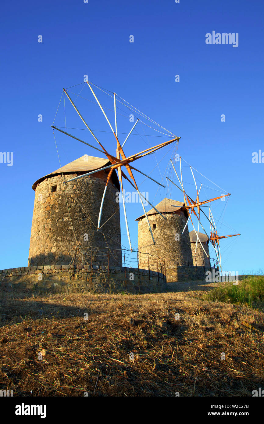 Windmills Of Chora, Patmos, Dodecanese, Greek Islands, Greece, Europe Stock Photo